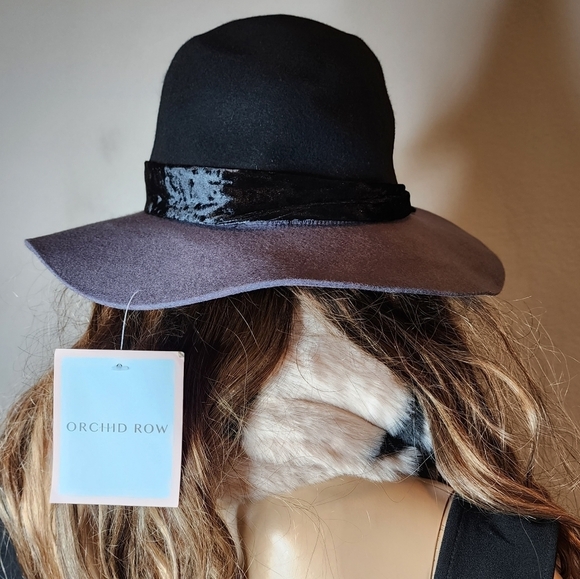 NWT Orchid Row Wool wide brim hat. Black Grey. Velvet sash. - Picture 11 of 12